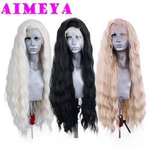 AIMEYA 여성용 플래티넘 가발, 금발 합성 레이스 프론트 가발, 블랙 롱 내추럴 웨이브 합성 헤어 가발, 데일리 사용 코스프레