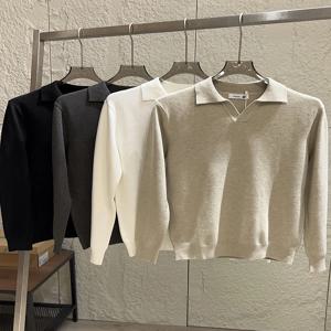 가을 겨울 남성용 통기성 좋은 피부 친화적인 단색 다용도 턴다운 칼라 니트 스웨터 이탈리아식 스몰 V넥 니트웨어