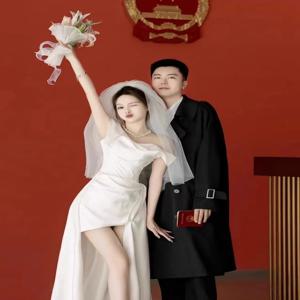우아한 새틴 원숄더 약혼 드레스 여성용 흰색 웨딩드레스 베일 포함 등록용 롱 스커트 한국 스타일