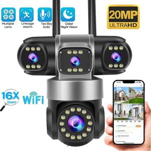 16X 줌 WiFi 카메라 20MP 4개의 렌즈 야외 6K 12MP IP66 방수 야간 투시경 양방향 인터콤 CCTV 비디오 감시