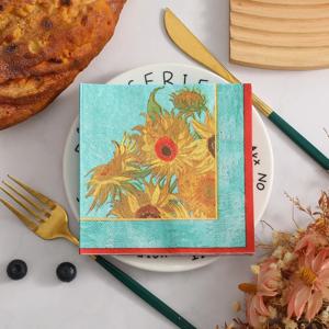 10/20pc 25cm 반 고흐에서 영감을 받은 생동감 넘치는 해바라기 프린트 냅킨 파티 디너 홈 데코 테이블 세팅을 위한 청록색 배경