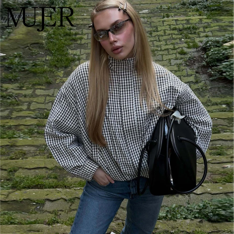 MUJER 여성용 격자 무늬 봄버 재킷 여성용 크롭 바시티 재킷 여성용 여름 데미 시즌 재킷 여성용 지퍼 캐주얼 여성용 코트