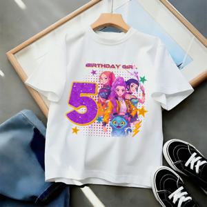 생일 소녀 넘버 그래픽 티셔츠 - 리틀 스타 축하 상의, 소녀들을 위한 몽환적인 파티 의상