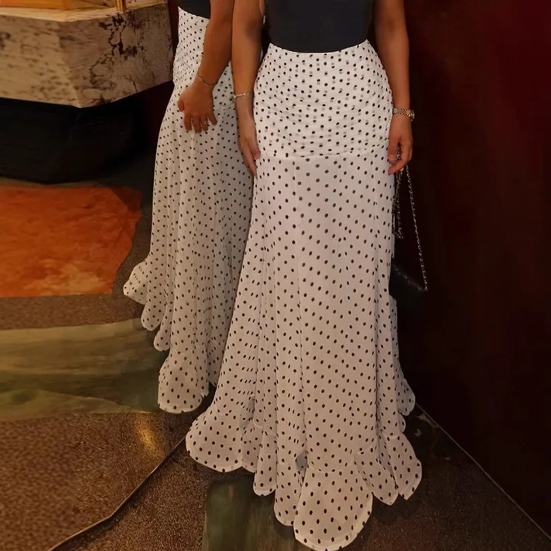 Y2K 폴카 도트 레트로 바닥 길이의 피쉬테일 프렌치 스타일 러플 메쉬 A라인 스커트 우아한 맥시 바텀 하이웨이스트 스트리트웨어