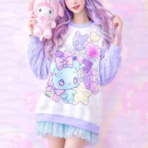 Hurt Bear 여성용 운동복 귀여운 카와이 블루 스타 베어 긴 소매 티셔츠 Fairy Kei Yami Kawaii 하라주쿠 파스텔 고스 투