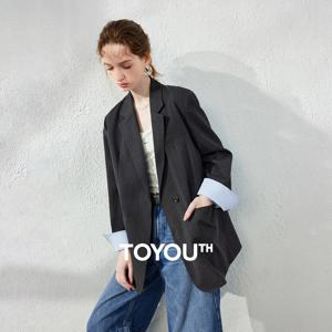 TOYOUTH 여성 블레이저 2026 가을 새로운 스트라이프 백 타이 디자인 컬러 블록 가짜 투피스 통근 아우터웨어