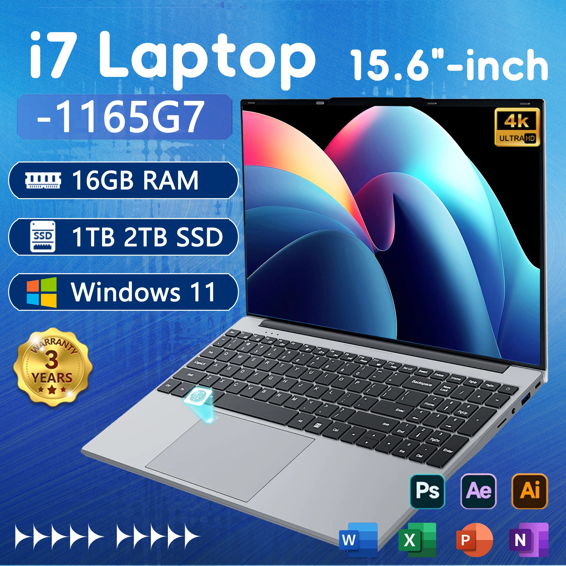 새로운 i7 15.6인치 노트북 컴퓨터, 인텔 코어 i7-1165G7 프로세서, 16GB RAM, 1/2TB SSD, 윈도우 11 운영체제, 지문 인식 잠금 해제 기능, 백라이트 노트북.