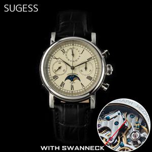 Sugess 남자 시계 ST1908 Swanneck 무브먼트 기계식 크로노 그래프 손목 시계 정품 Moonphase Calendar 빈티지 가죽 NEW 2023