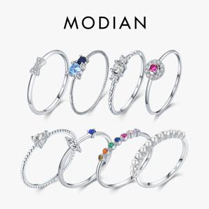 MODIAN 925 스털링 실버 크라운 버블 진주 레인보우 쌓을 수있는 반지 여성을위한 눈부신 클리어 CZ 웨딩 약혼 쥬얼리