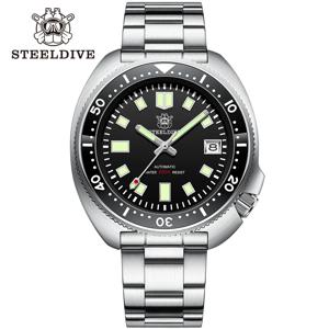 SD1970 Steeldive 브랜드 선레이 다이얼 밀링 클래스프 팔찌 44mm 케이스 200M 방수 NH35 터틀 남성용 다이브 시계(세라믹 베젤 포함)