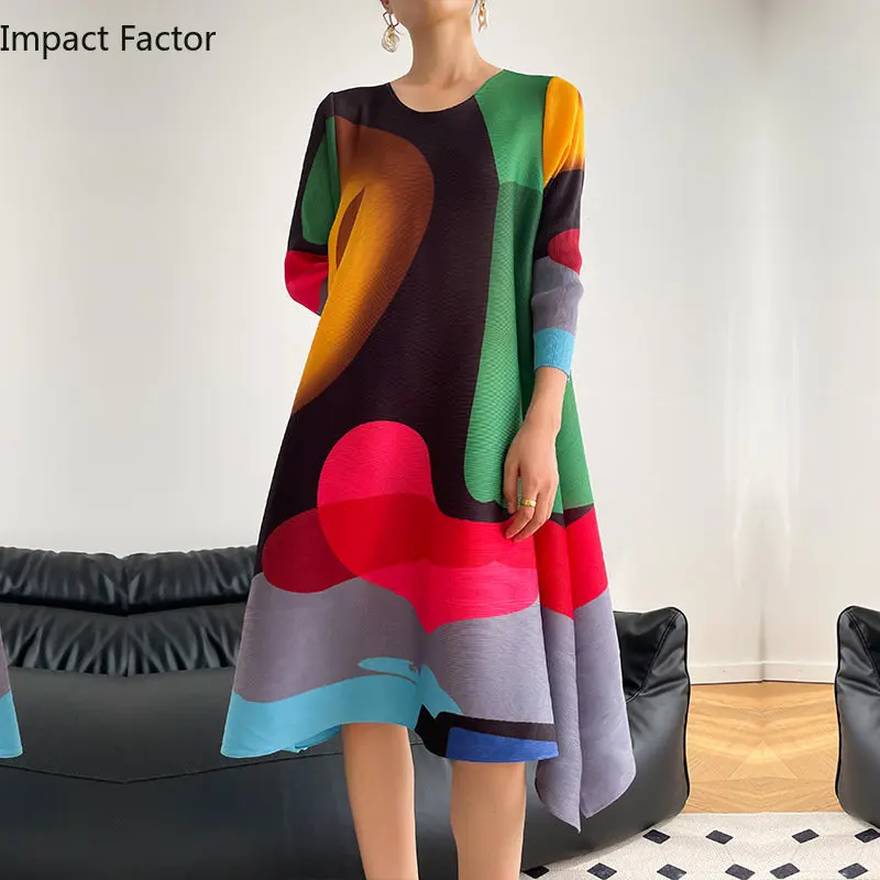Miyake Pleated 프린트 드레스 2024 새로운 이른 봄 패션 우아한 a 라인 스윙 드레스 우아한 여성 의류 고품질