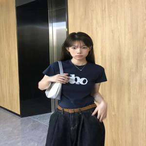 한국 스타일 힙합 다크 블루 반팔 티셔츠 여성 여름 슬림핏 캐주얼 다용도 라운드 넥 프린트 탑