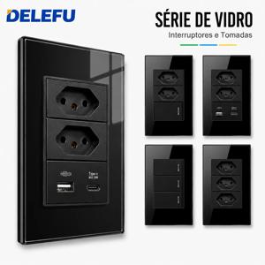 DELEFU 4*2 검정색 강화 유리 브라질 표준 콘센트 듀얼 Usb 유형 C 벽 소켓 전등 스위치 스위스 10A 20A