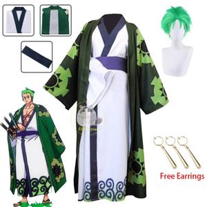 애니메이션 Roronoa Zoro 코스프레 의상 Wano Kuni 국가 기모노 가운 Zoro 가발 귀걸이 복장 할로윈 카니발 의상 남성용