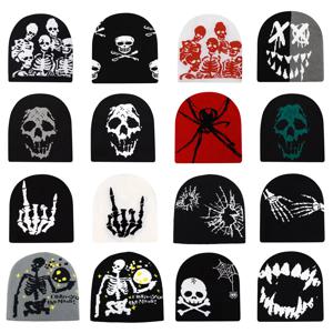 Beanies 패션 해골 인쇄 Y2K 니트 모자 여성용 남성용 귀 보호 겨울 가을 방풍 따뜻한 Gorras 힙합 모자 유지