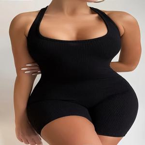 플러스 사이즈 여성용 블랙 홀터 스포티 점프수트, 오버사이즈 단색, 섹시한 바디콘, 백리스 의류, 여름 패션, 신상