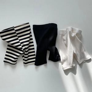 용수철 스트라이프 코튼 어린이 바지, 0-6 세 여아 중간 바지, 단색 캐주얼 소년 아기 고탄성 바지