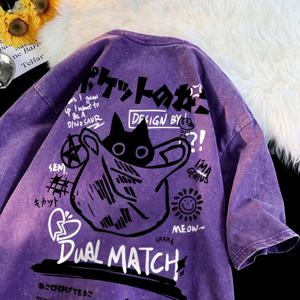 여성 만화 티셔츠 빈티지 여름 하라주쿠 카와이 고양이 프린트 반소매 티셔츠 커플 streetwear 루즈 한 옷 코튼 탑스