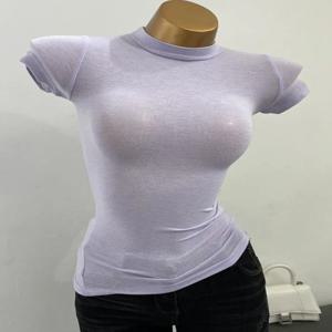 하프 하이 칼라 티셔츠 한국식 투명 반팔 슬림핏 신축성 있는 솔리드 이너 보텀 셔츠 섹시한 큰 가슴 티셔츠