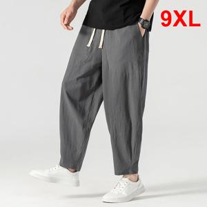 남성용 리넨 바지, 헐렁한 바지, 발목 길이 바지, 단색 하의, 빅 사이즈, 플러스 사이즈 9XL, 여름