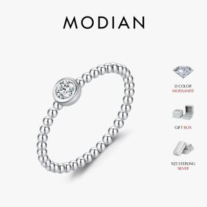 MODIAN 베젤 설정 Moissanite 반지 925 스털링 실버 비즈 여성을위한 유행 쌓을 수있는 손가락 반지 실험실 다이아몬드 쥬얼리
