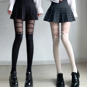 여성용 로리타 나비매듭 가짜 스트랩 화이트 타이츠, 단색 블랙 나일론, 섹시한 스위트 걸, JK 일본 카와이 귀여운 허벅지 높이 스타킹