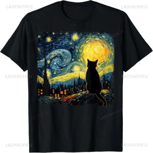 고양이 별이 빛나는 밤 반 고흐 고양이 고양이 애호가 티셔츠 캐주얼 패션 streetwear 느슨한 여름 스타일 남자 티셔츠 귀여운 미학 티셔츠
