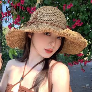 휴일 슬레 비치 어부 모자 해변 태양 보호 태양 모자 대형 브림 보우 짠 밀짚 모자 여성 파나마 Chapeau 한국어