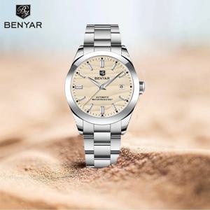 BENYAR 럭셔리 브랜드 40MM 샌드 그레인 다이얼 남성용 시계, 스테인리스 스틸 50미터 방수 자동 기계식 시계