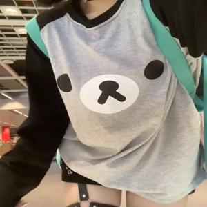 Deeptown Kawaii Anime 여성 티셔츠 특대 귀여운 일본 하라주쿠 로리타 스타일 긴 소매 티 Preppy Y2k 그래픽 탑 패션