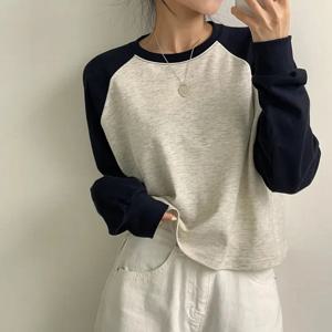 여성용 용수철 코튼 티셔츠, 긴팔 패치워크 상의, 스위트 루즈 한국 스타일, 레저, 올매치 학생
