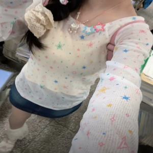아메리칸 스타일 긴팔 도파민 컬러풀 스타 커버업 티셔츠 여성 여름 슬림핏 슬리밍 탑 면 100% 라운드넥