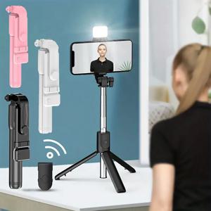 3 In 1 무선 셀카 삼각대(LED 필 라이트 램프 포함) 블루투스 셔터 원격 제어 휴대폰용 휴대용 접이식 모노포드