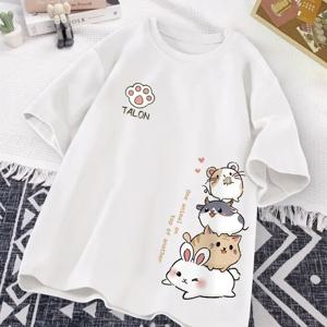 일본 귀여운 햄스터 스타일 스위트 프린트 데일리웨어 반소매 티셔츠 여성 루즈 캐주얼 십대 학생 하프 슬리브 탑