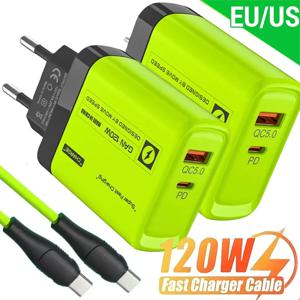 120W USB C 2 포트 충전기 키트, 녹색 벽 플러그, EU/US 어댑터, 고속 충전, 아이폰, 아이패드, 삼성, 샤오미, USB C 타입 데이터 케이블