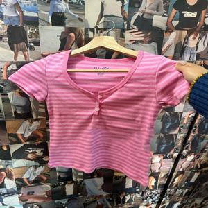 핑크 스트라이프 슬림 버튼 티셔츠 여성 뉴 코튼 오 넥 캐주얼 단순 기본 반소매 티셔츠 Sweet Cute Girls Tshirt Y2K Top