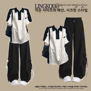 아메리칸 레트로 여름 폴로 칼라 반팔 티셔츠(여러 포켓 포함) 캐주얼 스트리트 댄스 와이드 레그 팬츠 작업복 바지