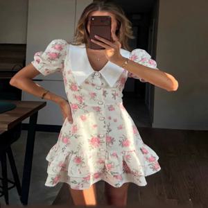 Tossy 인쇄 옷깃 패션 미니 드레스 여성 짧은 소매 패치 워크 대비 우아한 여름 드레스 2025 여성 Bodycon 복장