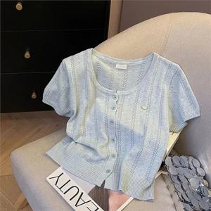 짧은 니트 오픈 가디건 여성용 라운드넥 속이 비치는 싱글 버튼 버튼업 탑 캐주얼 스타일 스탠다드 핏 코튼 A라인 소매