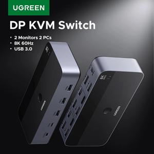 UGREEN DP KVM 스위치 2대 모니터 2대 PC용 8K 60Hz USB 3.0 키보드 마우스 모니터 공유 HDR 3D 지원 노트북 데스크탑 프린터 호환