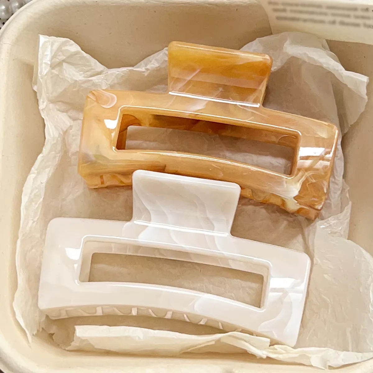 여성용 대형 대리석 헤어 클립 2개 두꺼운 머리용 화이트 바나나 헤어 클립 리플 죠 클립 강력한 고정력 헤어 액세서리