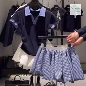 새로운 여름 디자인 허리 라펠과 배색 숄더 반팔 티셔츠 여성용 호박 구름 플러피 스커트 슈트