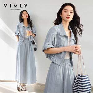 VIMLY 여성용 스커트 세트 2026 그레이 및 블루 통근용 스커트 정장 여성 의상 여름 짧은 소매 크롭 자켓 롱 스커트 M8106
