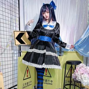재고 있음 S-2XL 스타킹 애너키 코스프레 팬티 & 스타킹 블랙 드레스 유니폼 롱 블루 가발 할로윈 파티 의상 여성용