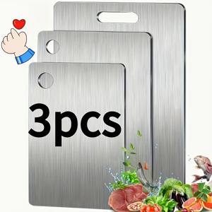 스테인리스 스틸 3종 도마 세트 - BPA 프리, 식기세척기 사용 가능, 미끄럼 방지, 주스 홈 포함, 녹 방지 및 공간 절약