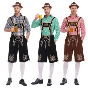 3 피스 세트 옥토버 페스트 Lederhosen 의상 남성용 바이에른 독일 맥주 축제 서스펜더 셔츠 모자 남성 코스프레 의상