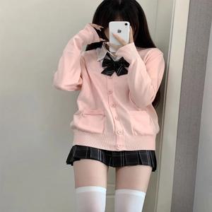 느슨한 순색 니트 긴팔 스웨터 재킷 얇은 아우터 여성 대학 스타일 초가을 JK 유니폼 패션 세트