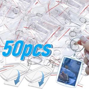 50/1pcs 투명 직사각형 빈 아크릴 삽입 키 체인 사진 액자 열쇠 고리 홀더 DIY 스플릿 링 열쇠 고리 선물