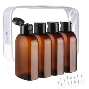라벨 및 보관 가방이있는 4pcs 100ml 여행용 병 갈색 투명 플라스틱 병 빈 샴푸 디스펜서 다용도 용기
