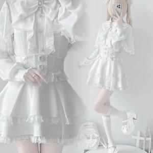 일본 Y2K 감성 로리타 스타일 리본 스커트 세트 여성 고딕 레이스 숄 셔츠 러플 미니 스커트 가운 팔다스 스위트 로리타 슈트